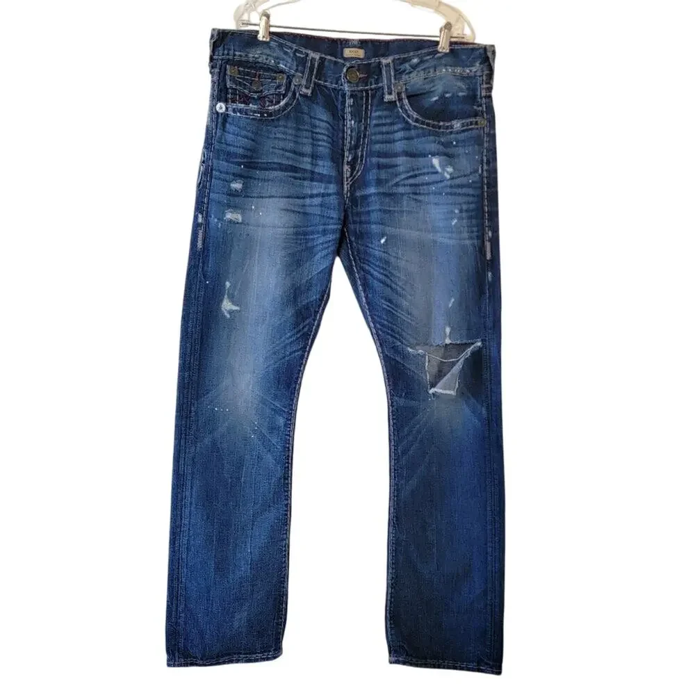 True Religion Ricky Relaxed Straight Leg Jeans Blue Distressed Men Size 38x34